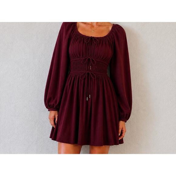 Mustard Seed Dresses & Skirts - Burgundy Boho Mini Dress Mustard Seed Size Small Romantic Babydoll Drawstrings